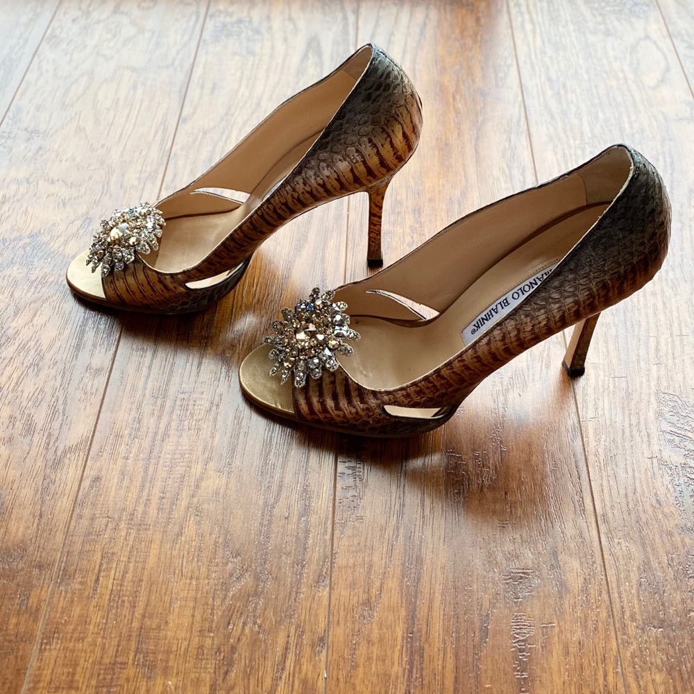 Manolo Blahnik snake print peep toe heel